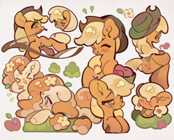 Size: 2048x1654 | Tagged: safe, artist:yanyannonoz, imported from derpibooru, applejack, pear butter, earth pony, pony, ><, apple, applejack's hat, blushing, bush, cowboy hat, emanata, eyes closed, female, filly, filly applejack, flower, flower in hair, food, hat, lasso, lidded eyes, looking at you, lying down, mare, mouth hold, multeity, one eye closed, open mouth, open smile, prone, rope, simple background, sitting, smiling, smiling at you, white background, wink, winking at you, younger