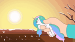 Size: 800x450 | Tagged: safe, artist:doublewbrothers, edit, imported from derpibooru, princess celestia, alicorn, pony, animated, duo, female, hand, horn, in goliath's palm, light, my tiny pony, pointing, raising the sun, roof, size difference, sun, tiny, tiny ponies, tree