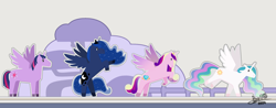 Size: 2750x1080 | Tagged: safe, artist:tidmouthmilk12, edit, edited screencap, imported from derpibooru, screencap, princess cadance, princess celestia, princess luna, twilight sparkle, alicorn, pony, bluey, ethereal mane, fence, galloping, jewelry, pop-up book, rearing, signature, spread wings, standing, standing on two hooves, starry mane, tiara, tree, twilight sparkle (alicorn), wings