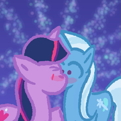 Size: 689x689 | Tagged: safe, artist:thistlerose, imported from derpibooru, trixie, twilight sparkle, blushing, fanfic art, female, kissing, lesbian, shipping, twixie