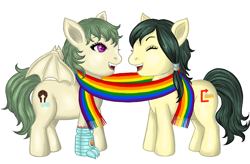 Size: 2605x1714 | Tagged: safe, artist:micaza, imported from derpibooru, oc, oc only, oc:grav, anthro, bat pony, earth pony, amputee, commission, fangs, female, green mane, happy, lesbian, pride, pride flag, prosthetic limb, prosthetics, purple eyes, ych result, yellow coat