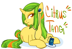 Size: 445x300 | Tagged: safe, artist:clovercoin, imported from derpibooru, oc, oc only, oc:citrus tang, pony, unicorn, earbuds, female, horn, lidded eyes, lying down, mare, music player, orange eyes, prone, simple background, solo, text, turned head, unicorn oc, white background