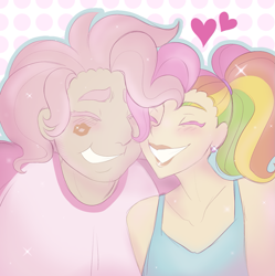 Size: 1265x1269 | Tagged: safe, artist:sparjechkaa, imported from derpibooru, pinkie pie, rainbow dash, human, cheek kiss, cuddling, cute, female, g3, g3.5, heart, humanized, kissing, lesbian