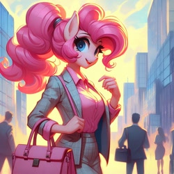 Size: 1024x1024 | Tagged: safe, imported from derpibooru, pinkie pie, anthro, adorasexy, ai content, ai generated, bag, beautiful, big breasts, breasts, business suit, businessmare, busty pinkie pie, button-up shirt, city, clothes, cute, female, handbag, looking at you, office lady, prompter:horselover fat, sexy, shirt, smiling, smiling at you, walking