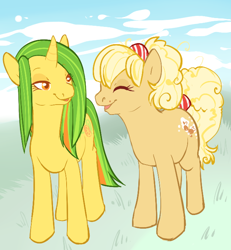 Size: 628x679 | Tagged: safe, artist:clovercoin, imported from derpibooru, oc, oc only, oc:citrus tang, oc:poppy, earth pony, pony, unicorn, duo, duo female, earth pony oc, eyes closed, female, grass, horn, lidded eyes, looking at someone, mare, open mouth, open smile, orange eyes, smiling, standing, unicorn oc