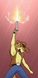 Size: 900x1849 | Tagged: safe, artist:moonatik, imported from derpibooru, braeburn, anthro, earth pony, abs, abstract background, belt buckle, braeburn's hat, clothes, cowboy hat, denim, eye clipping through hair, eyes closed, gun, handgun, hat, jeans, male, muscles, muscular male, open mouth, open smile, pants, revolver, shooting, smiling, smoke, solo, vest, weapon, yeehaw