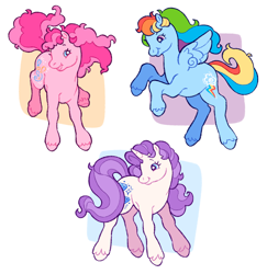 Size: 1988x2048 | Tagged: safe, artist:cocopudu, imported from derpibooru, pinkie pie, rainbow dash, rarity, earth pony, pegasus, pony, unicorn, female, g2, g4 to g2, generation leap, horn, mare, simple background, smiling, starry eyes, trio, trio female, white background, wingding eyes