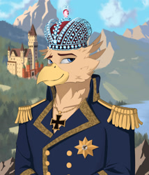 Size: 3000x3500 | Tagged: safe, artist:ilizumi, imported from derpibooru, oc, oc:grover vi, anthro, digitigrade anthro, griffon, equestria at war mod, anthro oc, athletic, background, bust, castle, chest, clothes, crown, day, early 20s, emperor, forest, iron cross medal, jewelry, kaiser, lake, medals, mountain, mountain range, muscles, my take, nature, necklace, order of the black griffon medal, portrait, regalia, royal uniform, royalty, solo, tree, water