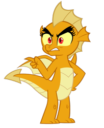 Size: 775x950 | Tagged: safe, artist:queencold, imported from derpibooru, oc, oc only, oc:caldera, dragon, colored sclera, dragoness, female, frown, furrowed brow, pointing, simple background, solo, transparent background, yellow sclera, younger