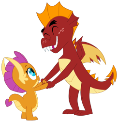Size: 1000x1025 | Tagged: safe, artist:queencold, imported from derpibooru, garble, smolder, dragon, baby, baby dragon, brother and sister, cute, dragoness, duo, duo female, eyes closed, female, holding hands, male, siblings, simple background, smiling, transparent background, young garble, young smolder, younger