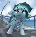 Size: 1953x1989 | Tagged: safe, artist:reddthebat, imported from derpibooru, oc, oc only, oc:alaska (reddthebat), ghost, ghost pony, pegasus, pony, undead, arrow, eyebrows, eyebrows visible through hair, facial markings, female, fisheye lens, floppy ears, looking at you, mare, ocean, signature, smiling, solo, water