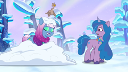 Size: 1920x1080 | Tagged: safe, imported from derpibooru, screencap, izzy moonbow, bird, pony, unicorn, spoiler:g5, spoiler:my little pony: tell your tale, spoiler:tyts02e00, auroricorn, covered in snow, duo, duo female, female, g5, horn, mare, my little pony: tell your tale, snow, stardance, starlight ridge, the blockywockys