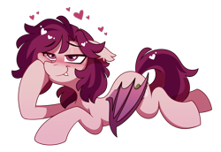 Size: 2250x1550 | Tagged: safe, artist:crimmharmony, imported from derpibooru, oc, oc only, oc:crimm harmony, bat pony, bat pony oc, bat wings, blushing, floppy ears, folded wings, heart, heart eyes, hoof on cheek, lying down, prone, simple background, smiling, solo, transparent background, wingding eyes, wings