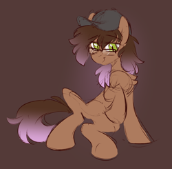Size: 1588x1558 | Tagged: safe, artist:crimmharmony, imported from derpibooru, oc, oc only, oc:be sharp, earth pony, brown background, colored sketch, glasses, hat, male, raised hoof, simple background, sitting, sketch, smiling, solo