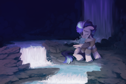 Size: 3000x2000 | Tagged: safe, artist:crimmharmony, imported from derpibooru, oc, oc only, pegasus, blue mane, clothes, commission, crying, dark background, eyes closed, folded wings, jacket, looking down, male, painting, pegasus oc, rock, sad, stallion, water, waterfall, wings