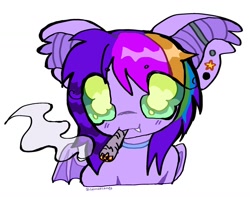 Size: 1199x943 | Tagged: safe, artist:larvaecandy, imported from derpibooru, oc, oc only, oc:lullaby, bat pony, pony, 4/20, :3, bat pony oc, bat wings, beanbrows, big ears, big eyes, blunt, blushing, bust, choker, colored eyebrows, colored pinnae, colored sclera, commission, cute, cute little fangs, drug use, drugs, dyed hair, dyed mane, ear fluff, ear piercing, ear tufts, eye clipping through hair, eyebrows, eyebrows visible through hair, fangs, female, gauges, green eyes, green sclera, industrial piercing, looking at you, mare, marijuana, mouth hold, multicolored hair, multicolored mane, piercing, purple coat, purple mane, raccoon tail, rainbow hair, scene hair, signature, simple background, smiling, smiling at you, smoke, smoke cloud, smoking, white background, wings, ych result
