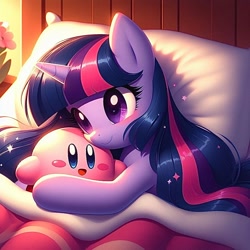 Size: 1024x1024 | Tagged: safe, imported from derpibooru, twilight sparkle, unicorn, ai content, ai generated, bed, crossover, cuddling, cuddling in bed, cute, generator:bing image creator, generator:dall-e 3, heartwarming, horn, hug, in bed, kirby, kirby (series), mama twilight, motherly, motherly love, nintendo, pillow, prompter:gaminglover1992, unicorn twilight, video game crossover, wholesome