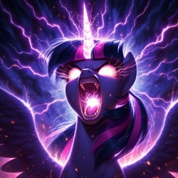 Size: 1024x1024 | Tagged: safe, imported from derpibooru, twilight sparkle, alicorn, pony, ai content, ai generated, epic, female, generator:dall-e 3, glowing, glowing eyes, glowing horn, horn, mare, prompter:doomguy397, screaming, solo, solo focus, spread wings, throat light, twilight sparkle (alicorn), wings