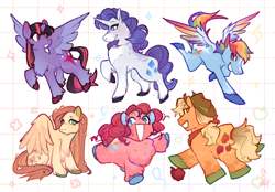 Size: 1500x1043 | Tagged: safe, artist:taffybuns, imported from derpibooru, applejack, fluttershy, pinkie pie, rainbow dash, rarity, twilight sparkle, alicorn, earth pony, pegasus, pony, unicorn, :3, :<, alternate color palette, alternate design, alternate hairstyle, applejack's hat, applejacked, bandana, blaze (coat marking), blonde mane, blonde tail, blue coat, blue eyes, blushing, body freckles, chest fluff, coat markings, colored belly, colored ears, colored hooves, colored muzzle, colored pinnae, colored wings, colored wingtips, concave belly, cowboy hat, eye clipping through hair, eyebrows, eyebrows visible through hair, eyeshadow, facial markings, female, fetlock tuft, flower petals, flying, freckles, frown, gradient legs, gray coat, green eyes, group, hair accessory, hat, height difference, horn, leg fluff, long mane, long tail, looking away, looking back, makeup, mane six, mare, multicolored eyes, multicolored hair, multicolored mane, multicolored tail, muscles, neckerchief, no catchlights, open mouth, open smile, orange coat, pale belly, patterned background, physique difference, pink coat, pink mane, pink tail, ponytail, prancing, profile, purple coat, purple eyes, purple mane, purple tail, rainbow hair, rainbow tail, raised hoof, raised leg, rear view, red eyes, redesign, sextet, short hair rainbow dash, short horn, short mane, short tail, signature, sitting, smiling, socks (coat markings), sparkles, sparkly mane, sparkly tail, spread wings, standing, straight mane, straight tail, tail, tail accessory, tied mane, tied tail, twilight sparkle (alicorn), two toned eyes, two toned mane, two toned tail, two toned wings, unicorn horn, unshorn fetlocks, wall of tags, wing freckles, wings, wings down, yellow coat