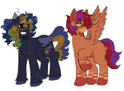 Size: 1170x860 | Tagged: safe, artist:roseytherose, imported from derpibooru, oc, oc only, oc:twinkle star, unnamed oc, alicorn, pegasus, pony, alicorn oc, ambiguous gender, black coat, black sclera, body freckles, coat markings, colored ears, colored eartips, colored eyebrows, colored hooves, colored muzzle, colored pupils, colored wings, colored wingtips, curly mane, curly tail, duo, ear fluff, eye clipping through hair, eyebrows, eyebrows visible through hair, eyeshadow, facial markings, folded wings, freckles, frown, gradient legs, green eyes, horn, leg fluff, leg freckles, lidded eyes, long mane, long tail, looking away, makeup, mealy mouth (coat marking), messy mane, multicolored mane, no catchlights, orange coat, orange eyes, pegasus oc, raised hoof, shiny mane, shiny tail, short mane, simple background, smiling, socks (coat markings), standing, tail, two toned eyes, two toned mane, two toned tail, two toned wings, unicorn horn, unshorn fetlocks, white background, wings