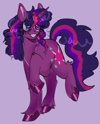 Size: 1169x1446 | Tagged: safe, artist:roseytherose, imported from derpibooru, twilight sparkle, pony, unicorn, alternate color palette, alternate hairstyle, alternate tailstyle, bags under eyes, colored hooves, colored pinnae, colored sketch, curly mane, curly tail, eye clipping through hair, female, horn, leg fluff, long mane, long tail, mare, purple background, purple coat, purple eyes, raised hoof, raised leg, shiny hooves, shiny mane, shiny tail, simple background, sketch, smiling, solo, tail, thick eyelashes, unicorn horn, unicorn twilight, unshorn fetlocks, wingding eyes