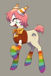 Size: 760x1136 | Tagged: safe, artist:shinehop69, imported from derpibooru, oc, oc only, oc:shinehop, earth pony, pony, clothes, clown makeup, cream coat, earth pony oc, eyes closed, gray background, hat, long socks, male, neck bow, open mouth, open smile, party hat, pink mane, pink tail, ponysona, profile, rainbow socks, raised hoof, short mane, short tail, signature, simple background, smiling, socks, solo, stallion, standing, striped socks, tail, vest, watermark