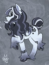 Size: 706x920 | Tagged: safe, artist:thrivinghigh, imported from derpibooru, oc, oc only, oc:black sterling, pegasus, pony, abstract background, beauty mark, coat markings, colored pinnae, colored wings, curly mane, ear fluff, ear piercing, earring, eyes closed, eyeshadow, female, folded wings, jewelry, long mane, makeup, mare, multicolored mane, multicolored tail, multicolored wings, nose piercing, pegasus oc, piercing, profile, raised hoof, raised leg, septum piercing, short tail, signature, smiling, socks (coat markings), solo, spiked wristband, tail, tied tail, unshorn fetlocks, white coat, wings, wristband