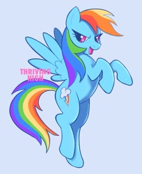 Size: 1087x1335 | Tagged: safe, artist:thrivinghigh, imported from derpibooru, rainbow dash, pegasus, pony, blue background, blue coat, determined look, female, flying, long mane, long tail, looking back, mare, multicolored hair, multicolored mane, multicolored tail, narrowed eyes, open mouth, open smile, pink eyes, rainbow hair, rainbow tail, raised hooves, signature, simple background, smiling, solo, spread wings, tail, wingding eyes, wings