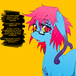 Size: 1000x1000 | Tagged: safe, artist:slugbox, imported from derpibooru, oc, oc only, oc:cteno, goo, goo pony, original species, pony, female, glasses, mare, simple background, solo, speech bubble, yellow background