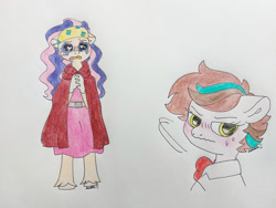 Size: 1280x961 | Tagged: safe, artist:doodletheexpoodle, imported from derpibooru, oc, oc only, oc:daylight amethyst, oc:pocket watch, alicorn, anthro, earth pony, unguligrade anthro, blushing, cape, cloak, clothes, duo, duo female, female, floppy ears, hands together, headband, heart, heart eyes, hidden horn, lesbian, mare, oc x oc, offspring, parent:doctor whooves, parent:starlight glimmer, parent:sunburst, parent:twilight sparkle, parents:starwhooves, parents:twiburst, puppy dog eyes, shipping, teary eyes, traditional art, turned head, wavy mouth, wingding eyes