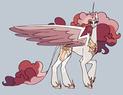 Size: 1647x1272 | Tagged: safe, artist:p0rk-guts, imported from derpibooru, princess celestia, alicorn, pony, alternate color palette, alternate cutie mark, alternate design, alternate hair color, alternate hairstyle, alternate tail color, alternate tailstyle, colored pinnae, colored wings, colored wingtips, concave belly, crown, curly mane, curly tail, curved horn, ear fluff, eyeshadow, female, gray background, hoof shoes, horn, jewelry, large wings, leonine tail, lidded eyes, long horn, long legs, long neck, looking at you, makeup, mare, multicolored mane, multicolored tail, peytral, pink eyes, princess shoes, red mane, red tail, redesign, regalia, signature, simple background, slender, solo, starry eyes, tail, tall, thick eyelashes, thin, thin horn, thin legs, tiara, unicorn horn, watermark, white coat, wingding eyes, wings