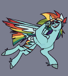 Size: 900x1000 | Tagged: safe, artist:p0rk-guts, imported from derpibooru, rainbow dash, pegasus, pony, alternate design, alternate eye color, alternate hairstyle, alternate tailstyle, blue coat, brown eyes, colored eyebrows, colored hooves, colored pinnae, colored wings, colored wingtips, concave belly, fetlock tuft, flying, goggles, goggles on head, gray background, long mane, looking at you, male, messy mane, multicolored hair, multicolored mane, multicolored tail, multicolored wings, narrowed eyes, open mouth, open smile, partially open wings, rainbow hair, rainbow tail, rainbow wings, raised hoof, salute, short tail, signature, simple background, smiling, smiling at you, solo, stallion, tail, transgender, transmasculine, watermark, wings