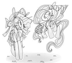 Size: 1280x1134 | Tagged: safe, artist:p002er, imported from derpibooru, fluttershy, rarity, pegasus, pony, unicorn, abstract, clothes, dress, duo, duo female, female, flying, grass, grayscale, hat, horn, looking at each other, looking at someone, mare, monochrome, simple background, sun hat, white background