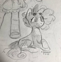 Size: 2009x2048 | Tagged: safe, artist:bunnykitty13, imported from derpibooru, oc, oc only, oc:banana split, earth pony, pony, ambiguous gender, beanbrows, blaze (coat marking), coat markings, colored eartips, crossed hooves, curly mane, curly tail, earth pony oc, eyebrows, eyelashes, facial markings, high res, lying down, pencil drawing, prone, signature, smiling, solo, splotches, tail, traditional art, wingding eyes