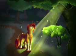 Size: 2048x1502 | Tagged: safe, artist:some-r4ndom-person, imported from derpibooru, sunburst, pony, unicorn, crepuscular rays, forest, horn, looking up, male, missing cutie mark, nature, solo, stallion, tree