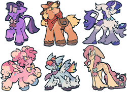 Size: 1100x800 | Tagged: safe, artist:unidog, imported from derpibooru, applejack, fluttershy, pinkie pie, rainbow dash, rarity, twilight sparkle, earth pony, pegasus, pony, unicorn, alternate color palette, alternate cutie mark, alternate design, alternate eye color, alternate hair color, alternate hairstyle, alternate tail color, alternate tailstyle, applejack's hat, bandana, big ears, big eyes, blaze (coat marking), blonde mane, blonde tail, blue coat, blue eyes, blue sclera, bowtie, braid, braided ponytail, butt fluff, chest fluff, choker, clothes, coat markings, colored eartips, colored hooves, colored muzzle, colored pinnae, colored sclera, colored underhoof, colored wings, colored wingtips, concave belly, cowboy hat, curly mane, curly tail, curved horn, ear fluff, ear tufts, eye clipping through hair, eyebrows, eyeshadow, facial markings, fangs, female, fetlock tuft, floppy ears, freckles, glasses, goggles, goggles on head, green eyes, green sclera, group, hair accessory, hair bun, hat, height difference, hooves, horn, horseshoes, leaves in tail, leonine tail, lidded eyes, long legs, long mane, long tail, looking back, makeup, mane six, mare, mealy mouth (coat marking), messy tail, missing cutie mark, multicolored hair, multicolored hooves, multicolored mane, multicolored tail, narrowed eyes, neckerchief, no catchlights, no mouth, open mouth, orange coat, pegasus pinkie pie, physique difference, pink coat, pink eyes, pink mane, pink sclera, pink tail, ponytail, profile, purple coat, purple mane, purple tail, race swap, rainbow hair, rainbow tail, raised eyebrow, raised hoof, rearing, redesign, sailor collar, scarf, sextet, sharp teeth, short hair rainbow dash, short mane, simple background, small wings, smiling, smoldash, socks (coat markings), space buns, splotches, spotted, spread wings, square glasses, standing, stick in tail, tail, tail accessory, tallershy, teeth, thin legs, tied mane, transparent background, two toned eyes, two toned mane, two toned tail, two toned wings, underhood, unicorn twilight, unshorn fetlocks, wall of tags, wavy mane, wavy tail, white coat, wide stance, wings, yellow coat, yellow eyes