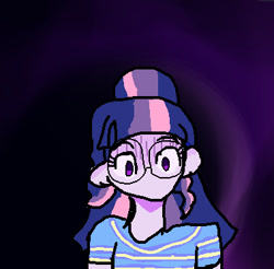 Size: 378x372 | Tagged: safe, artist:dummymcsnortee, imported from derpibooru, twilight sparkle, human, equestria girls, clothes, cypher, detailed background, digital art, ears, expression, glasses, humanized, lowres, ms paint, multicolored hair, no mouth, ponytail, purple skin, round glasses, shirt, solo, striped shirt, swirly background, worried