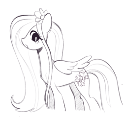 Size: 1931x1843 | Tagged: safe, artist:risswm, imported from derpibooru, fluttershy, pegasus, pony, alternate cutie mark, female, flower, flower in hair, grayscale, looking down, mare, monochrome, open mouth, profile, simple background, sketch, solo, white background