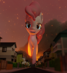 Size: 1080x1180 | Tagged: safe, artist:magnetvox, imported from derpibooru, pinkie pie, pony, 3d, destruction, fire, giant pinkie pie, giant pony, house, looking at you, macro, town