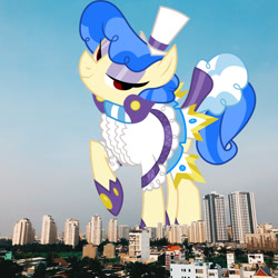 Size: 1280x1280 | Tagged: safe, artist:dashiesparkle, edit, editor:jaredking779, imported from derpibooru, sapphire shores, earth pony, pony, attack on pony, clothes, eyeshadow, female, giant pony, giantess, hat, highrise ponies, ho chi minh, irl, lidded eyes, macro, makeup, mare, photo, ponies in real life, raised hoof, red eyes, solo, story included, vietnam