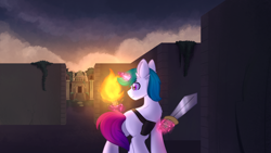 Size: 3840x2160 | Tagged: safe, artist:lbrcloud, imported from derpibooru, oc, oc only, pony, unicorn, 4k, butt, commission, facing away, frown, glowing, glowing horn, high res, horn, labyrinth, levitation, magic, male, plot, ruins, solo, stallion, sword, telekinesis, temple, torch, weapon