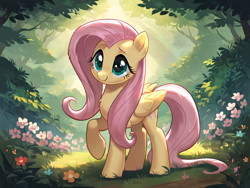 Size: 1024x768 | Tagged: prompter needed, source needed, safe, imported from derpibooru, fluttershy, pegasus, pony, ai content, ai generated, chest fluff, flower, generator:pony diffusion v6 xl, generator:stable diffusion, grass, raised hoof, solo, sunlight, tree