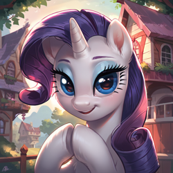 Size: 1024x1024 | Tagged: safe, imported from derpibooru, rarity, unicorn, ai content, ai generated, fence, generator:pony diffusion v6 xl, generator:stable diffusion, hooves together, horn, houses, looking at you, smiling, smiling at you, solo, tree