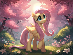 Size: 1024x768 | Tagged: prompter needed, source needed, safe, imported from derpibooru, fluttershy, pegasus, pony, ai content, ai generated, cherry blossoms, chest fluff, flower, flower blossom, generator:pony diffusion v6 xl, generator:stable diffusion, grass, looking up, raised hoof, solo, sunlight, tree