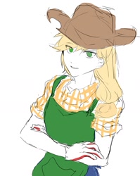 Size: 1469x1845 | Tagged: safe, artist:mlp_1121, imported from derpibooru, applejack, human, applejack's hat, apron, clothes, colored sketch, cowboy hat, female, gloves, hat, humanized, simple background, sketch, solo, white background