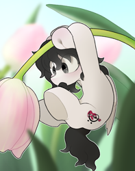 Size: 2100x2661 | Tagged: safe, artist:mochi_nation, imported from derpibooru, oc, oc only, oc:dream weaver, pegasus, blue sky, blushing, commission, cute, flower, grass, hanging, open mouth, sky, tulip