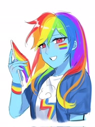 Size: 1531x2048 | Tagged: safe, artist:mlp_1121, imported from derpibooru, rainbow dash, human, equestria girls, face paint, female, humanized, pride, pride flag, simple background, solo, white background, wristband