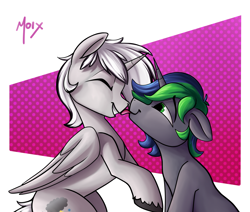 Size: 4000x3387 | Tagged: safe, artist:supermoix, imported from derpibooru, oc, oc:dark tempest, oc:sparky starfall, alicorn, pony, unicorn, cute, eyes closed, gay, green hair, horn, licking, male, pink background, simple background, sitting, stallion, tongue out