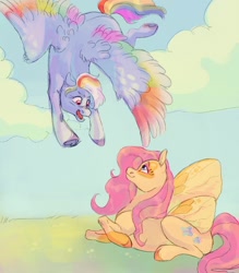 Size: 1400x1600 | Tagged: safe, artist:abbytabbys, imported from derpibooru, fluttershy, rainbow dash, pegasus, pony, alternate design, butterfly wings, colored wings, female, flutterdash, flying, lesbian, lying down, mare, prone, scar, shipping, wings