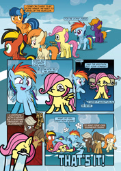 Size: 1920x2715 | Tagged: safe, artist:alexdti, imported from derpibooru, dumbbell, fluttershy, hoops, rainbow dash, oc, oc:kayla goldenwing, oc:purple creativity, pony, comic:how we met, female, filly, filly fluttershy, filly rainbow dash, younger